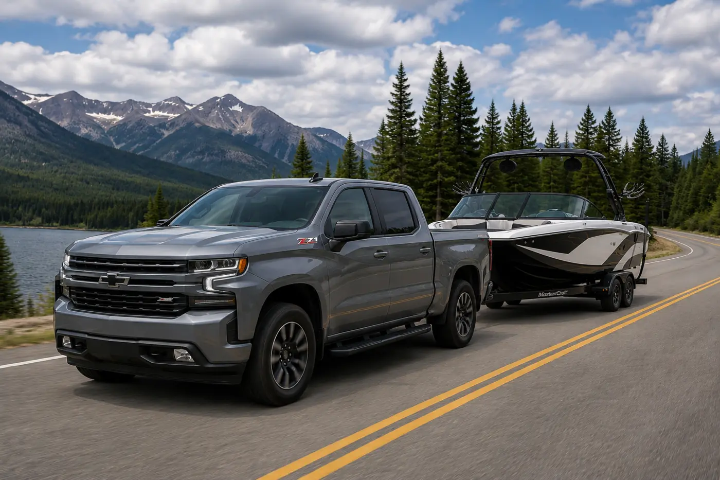 Gray Chevrolet Silverado towing a black and white boat