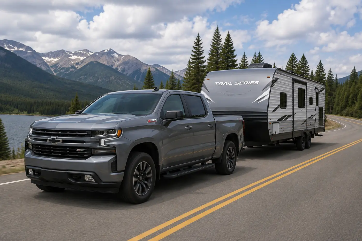 Truck towing a travel trailer