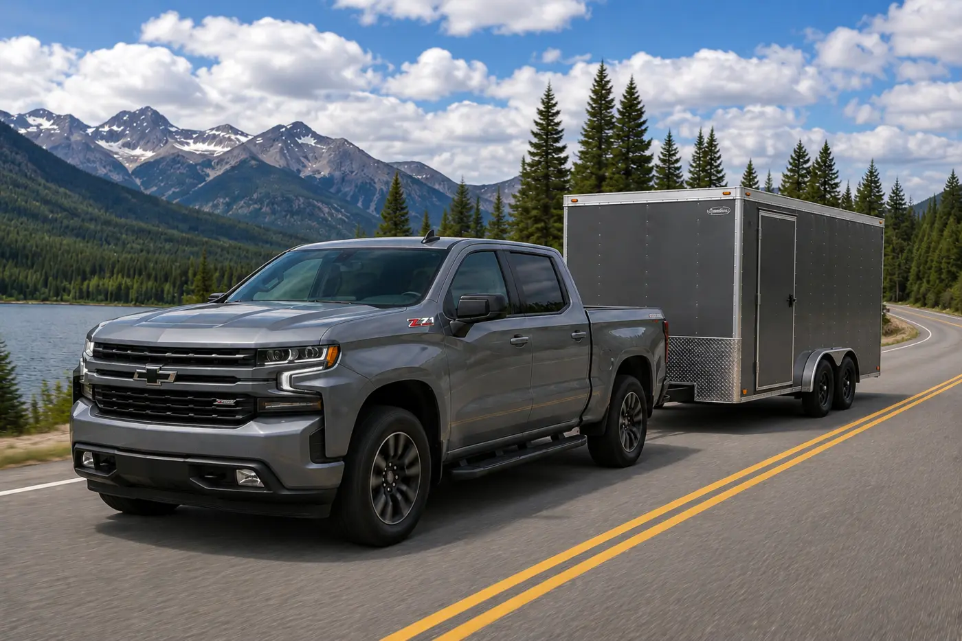 Gray Chevrolet Silverado towing a gray enclosed cargo trailer