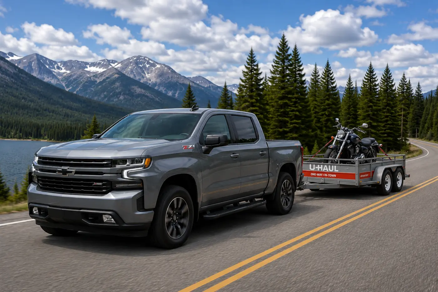 Gray Chevrolet Silverado hauling a motorcycle on a utility trailer