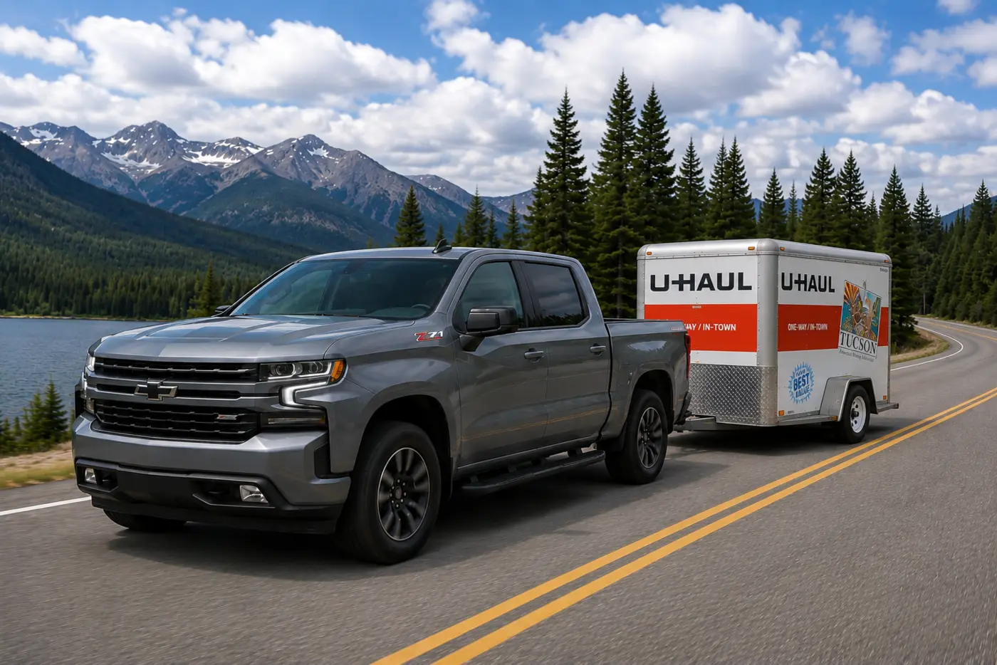 Truck towing an enclosed trailer